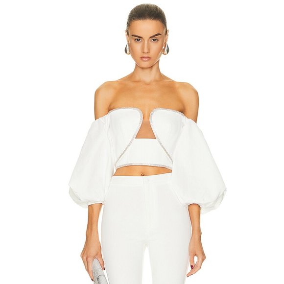 NEW self-portrait Off Shoulder Crop Top White Silver Crystal Puff Sleeve Small - Picture 4 of 9